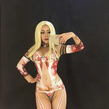 

Lovely Christmas Styles Sexy Bodysuit Sparkling Crystals Jumpsuit Christmas Party Nightclub Stage Costume Women Sexy Clothing DJ