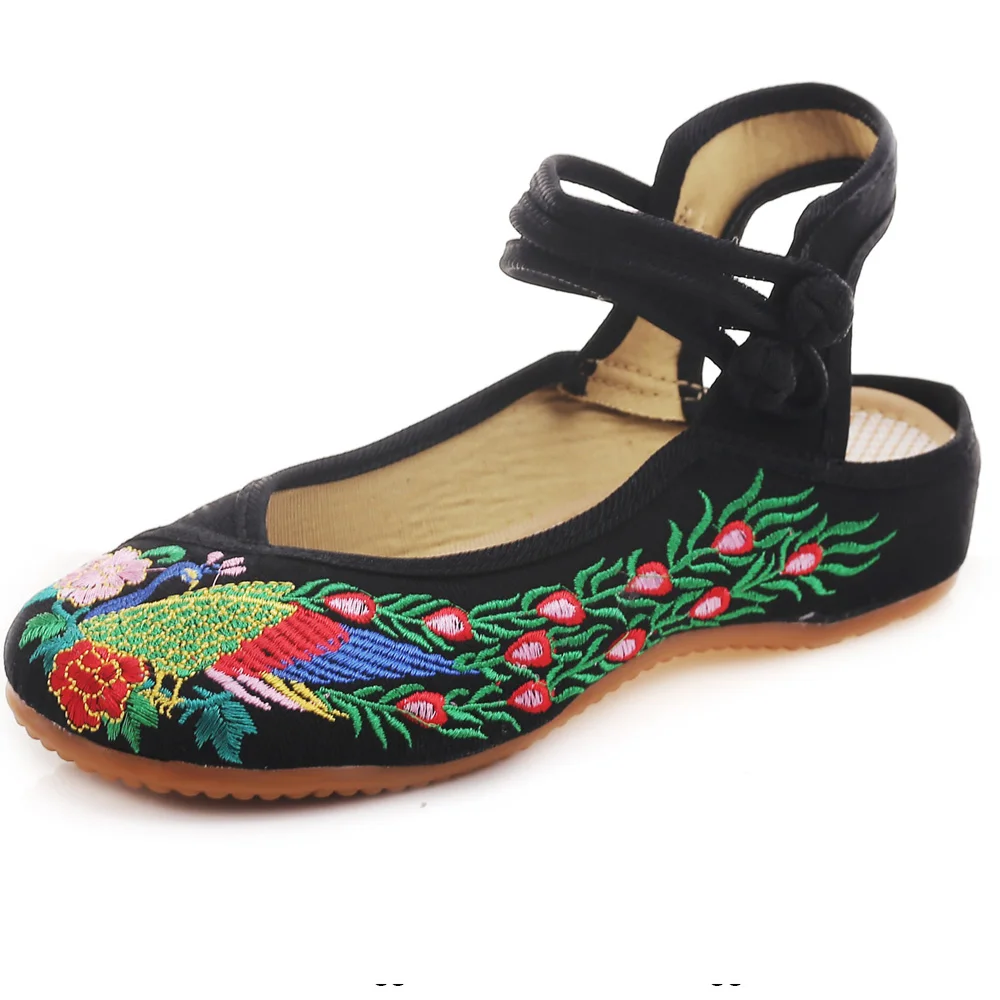 Vintage Women Flat Shoes Canvas National Peacock Embroidered Dance ...