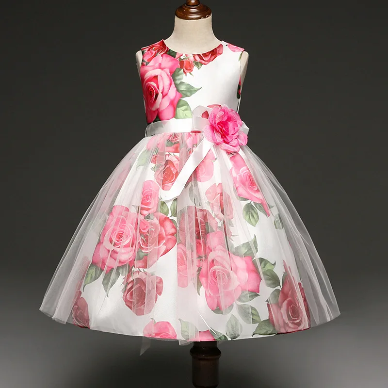 Summer Baby Girl Floral Dress Sleeveless Red Rose White Kids Princess