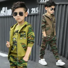 Комплект камуфляжной одежды для мальчиков, 3 предмета, куртка с капюшоном для крупных детей, футболка, штаны, комплект одежды для 3, 5, 6, 7, 8, 9, 10, 11 лет