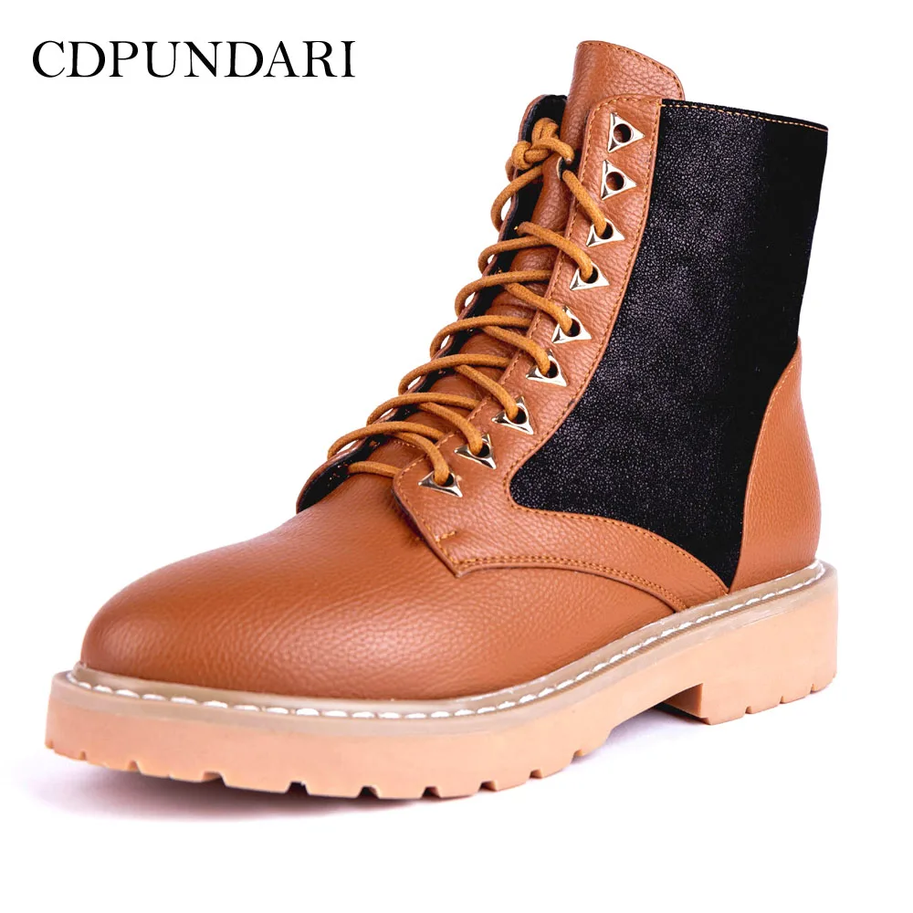 

CDPUNDARI Lace Up Low heel Ankle boots for women Motorcycle boots Ladies Winter shoes woman Black Yellow