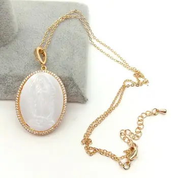 

Virgin Mary pendant necklace Zirconia with mother shell pearl statement jewelry