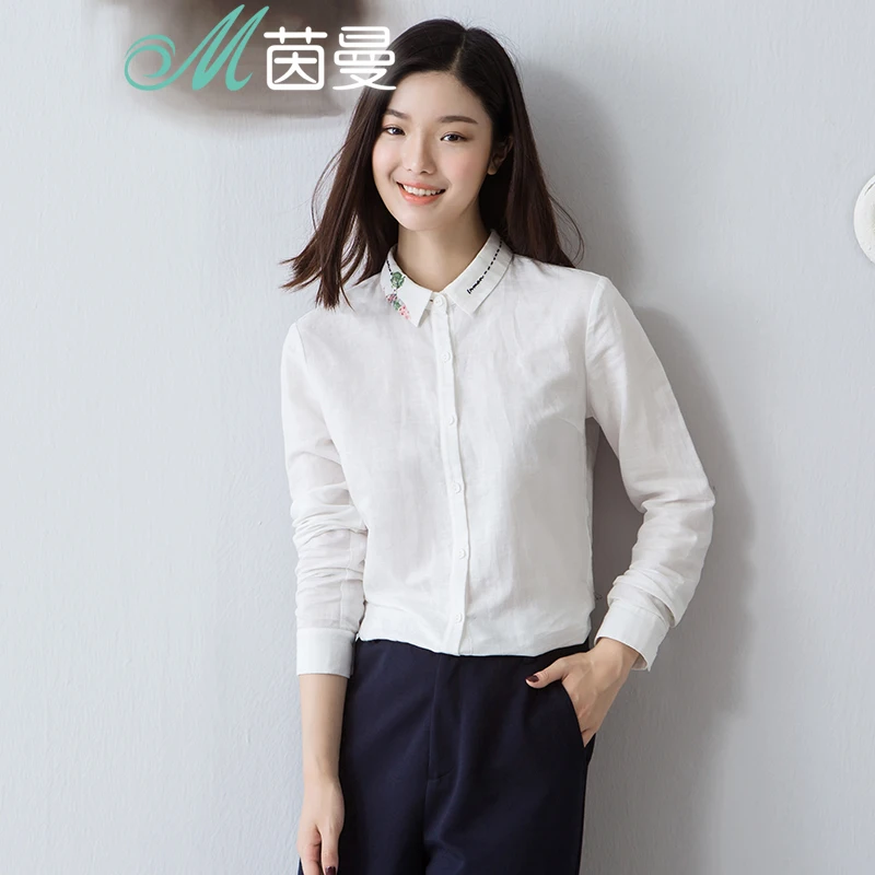 

INMAN Women Summer Florals long sleeves Cotton and Linen Shirt white Linen Tops