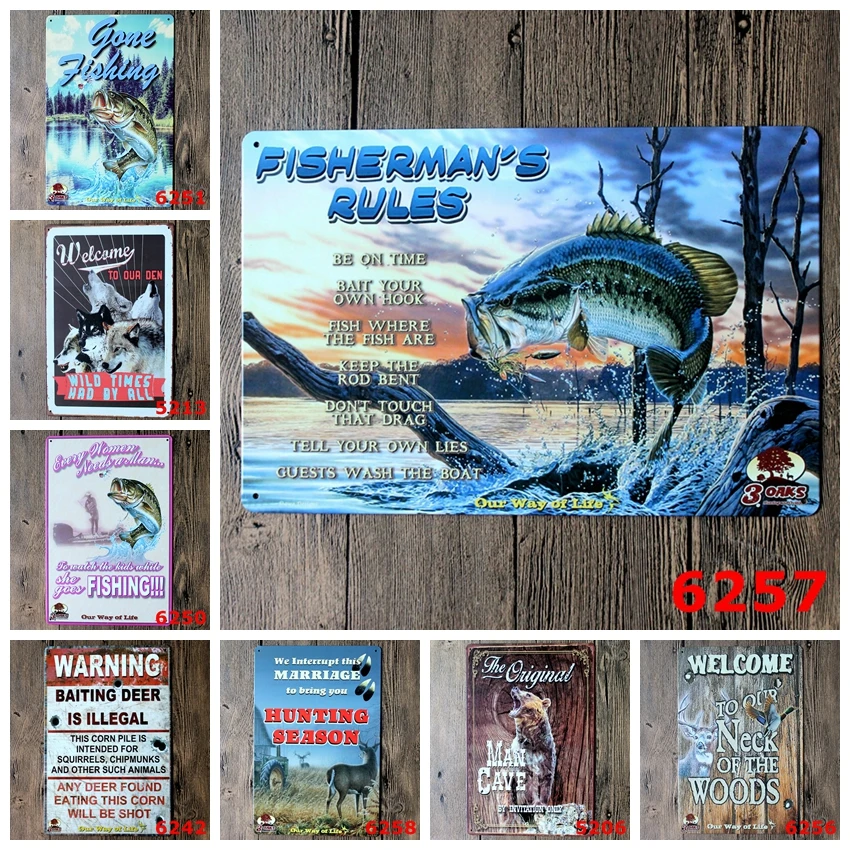 

fashion 20*30cm Go Fishing Hunter season notice slogan reminders Tin Sign outdoor Wall Art decoration Bar Metal Paintings
