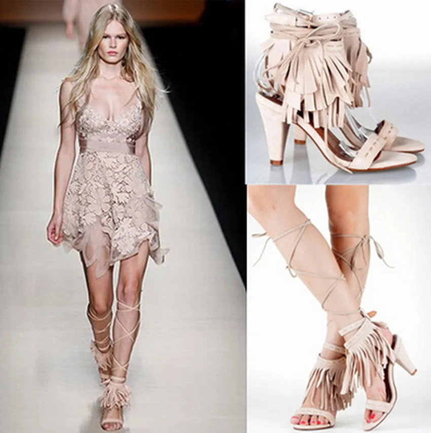 Woman Fashion Tassel Design Open Toe Lace Up Gladiator Sandals Ankle Buckle Strap High Heel Dress Shoes
