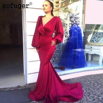 

Red V-neck Prom Dresses Sofuge Long Shinny Mermaid Islamic Dubai Abaya Muslim Long Sleeves Evening Dresses