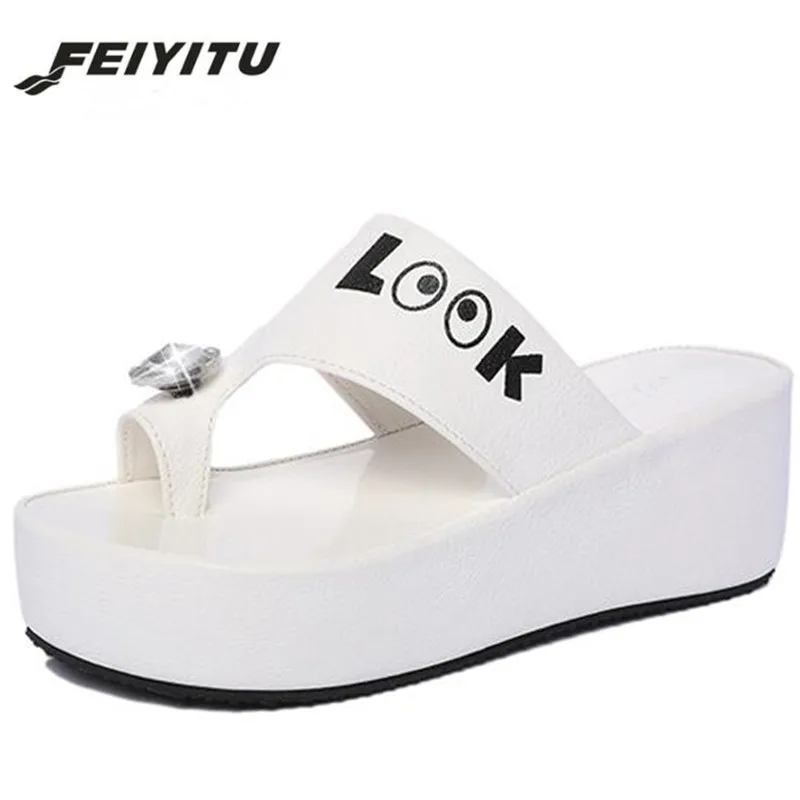 

FeiYiTu Summer Woman Beach Slippers Women's Rhinestone slippers Flip Flops Wedged Platform Designer Shoes Zapatos Mujer