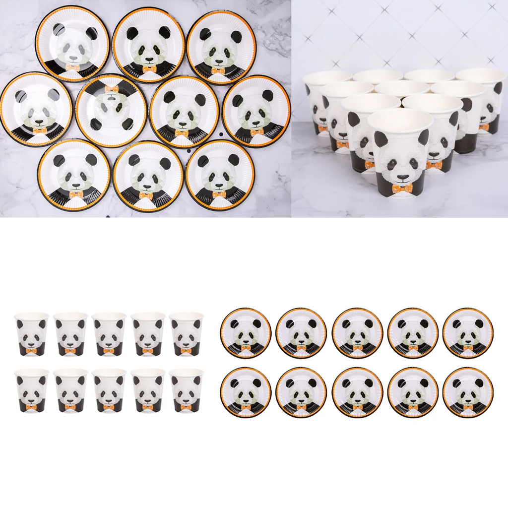 High Quality 10Pcs Cute Panda Paper Plates Cups Set Kids Birthday Wedding Party Tableware for Festive & Party Supplies