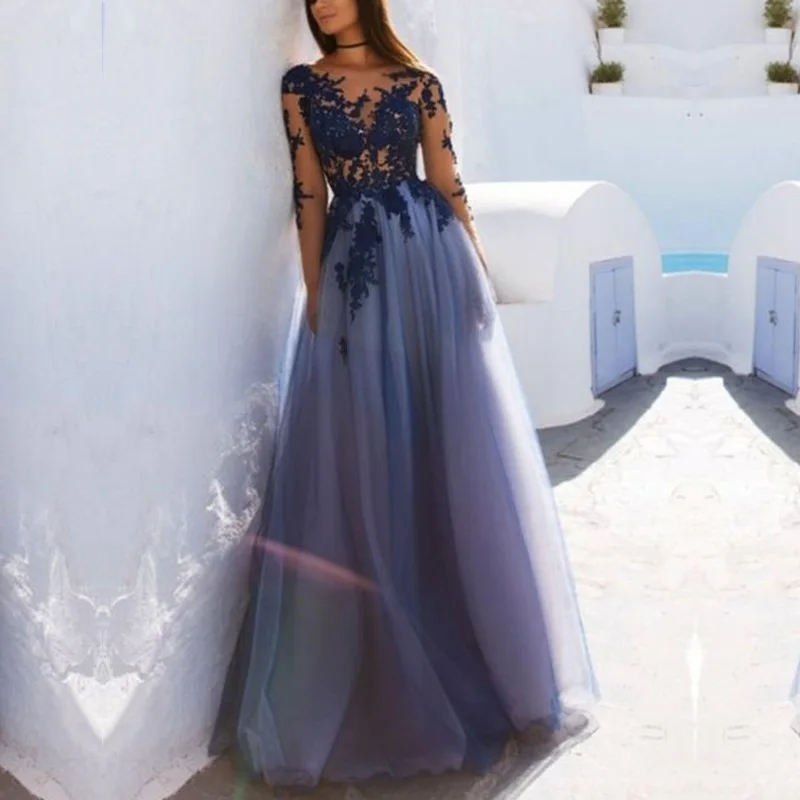 EEN Lijn Prom Dress Scoop Lange Mouwen met Kant Applicaties Tulle Rok Avondjurken 2019 Backless Vestidos de Gala EEN Lijn Prom Dress Scoop Lange Mouwen met Kant Applicaties Tulle Rok Avondjurken 2019 Backless Vestidos de Gala