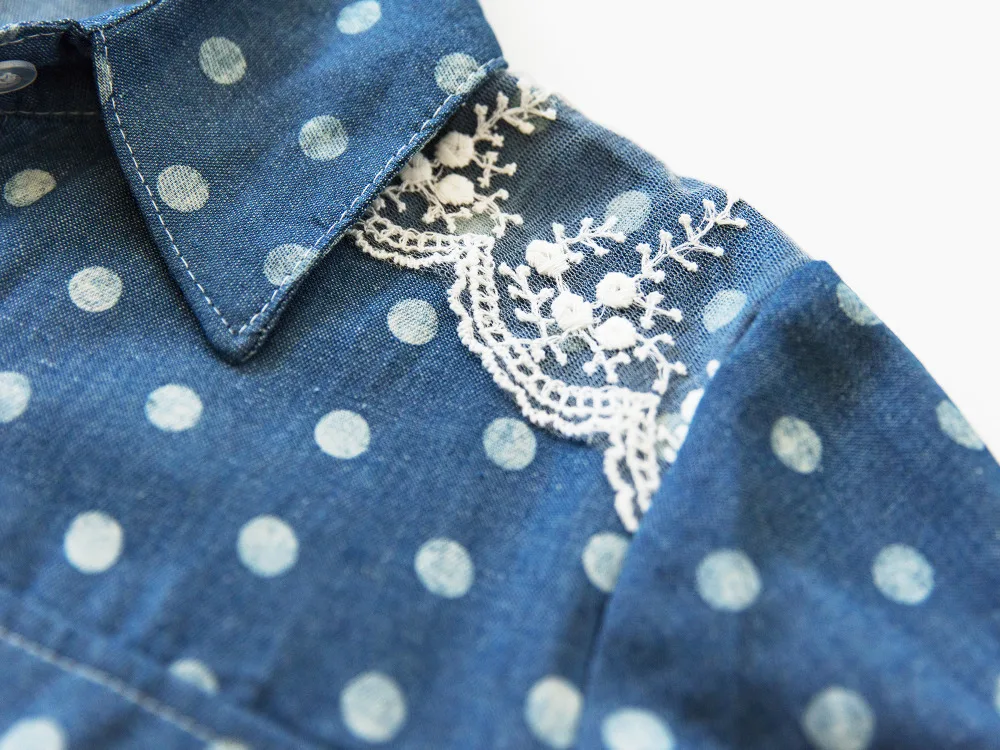 Blusas femininas горячая распродажа Женские джинсовые блузки ретро в горошек кружевные