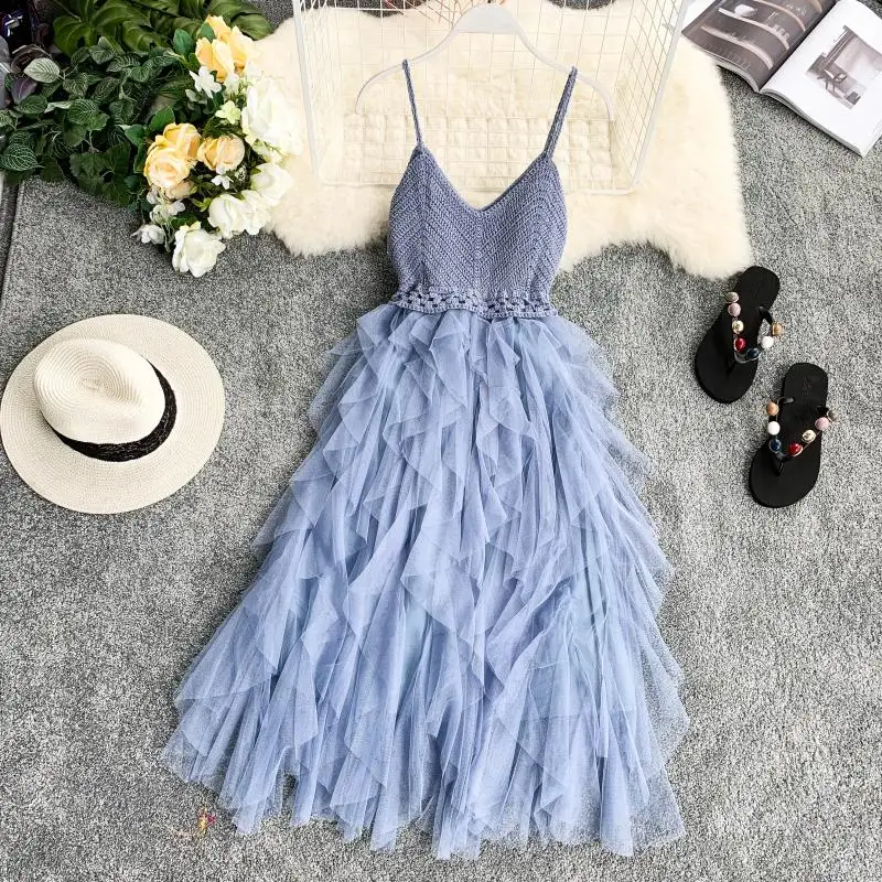 

Bohemian V Neck Spaghetti Strap Knit Patchwork Mesh Summer Midi Long Dress Party Women Casual Irregular Beach Holiday Vestidos