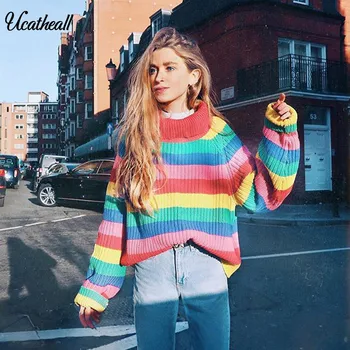 

Colorful Striped Turtleneck Sweaters Kintting Women Winter 2020 Rainbow Jumpers Knitted Fashion Oversized Pullover Plus Size