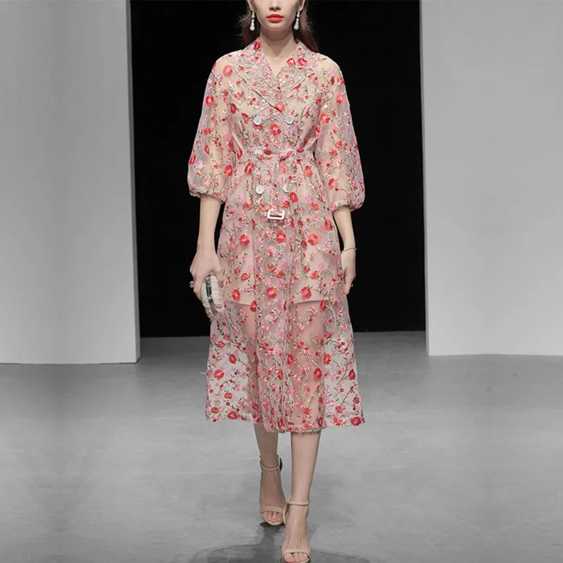 

Limiguyue high quality mesh flowers embroidery dress turn down collar summer long dress with belt cute party dress vestidos T549