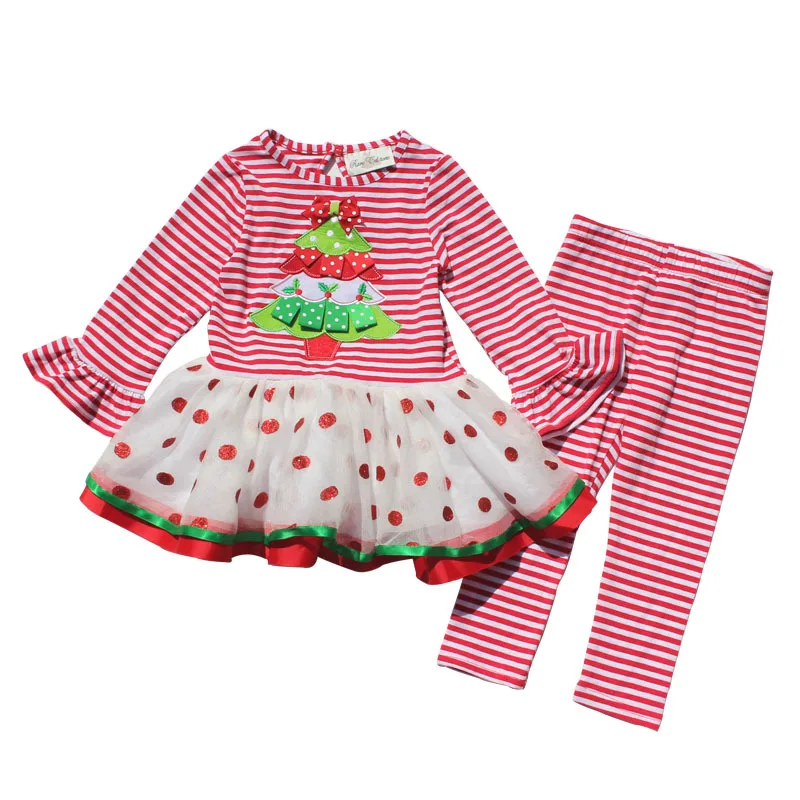 

Christmas baby girl clothes baby stripe Christmas tree pattern dress+ stripe legging 2pcs sets Lovely baby wear suit 6s/l