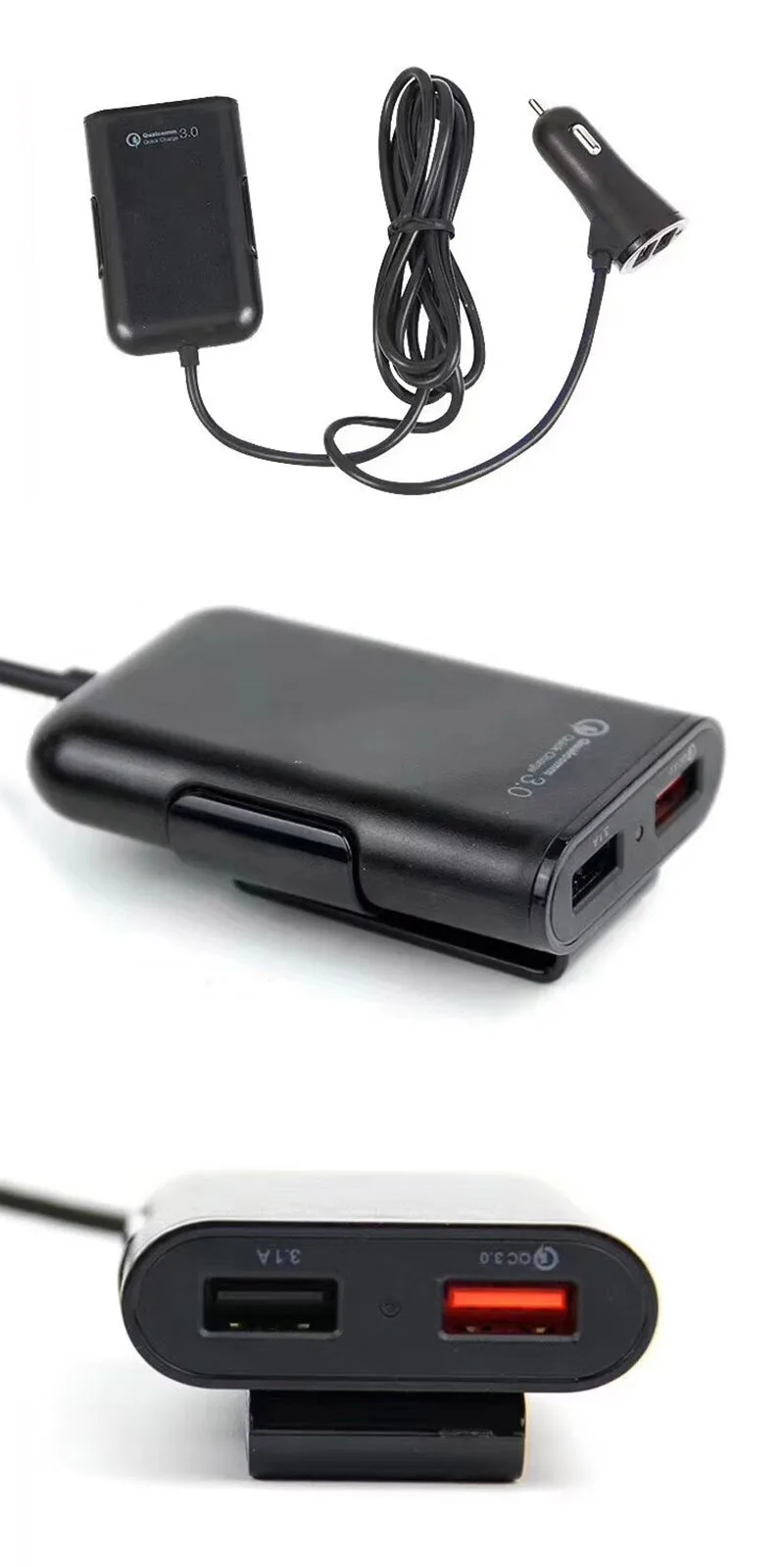 Universal 4 Ports QC3.0+2.4A+3.1A USB Fast Car Charger with 5.6ft Extension Cable for iPhone X SAMSUNG S9 HTC XIAOMI Mi8 Tablet (4)