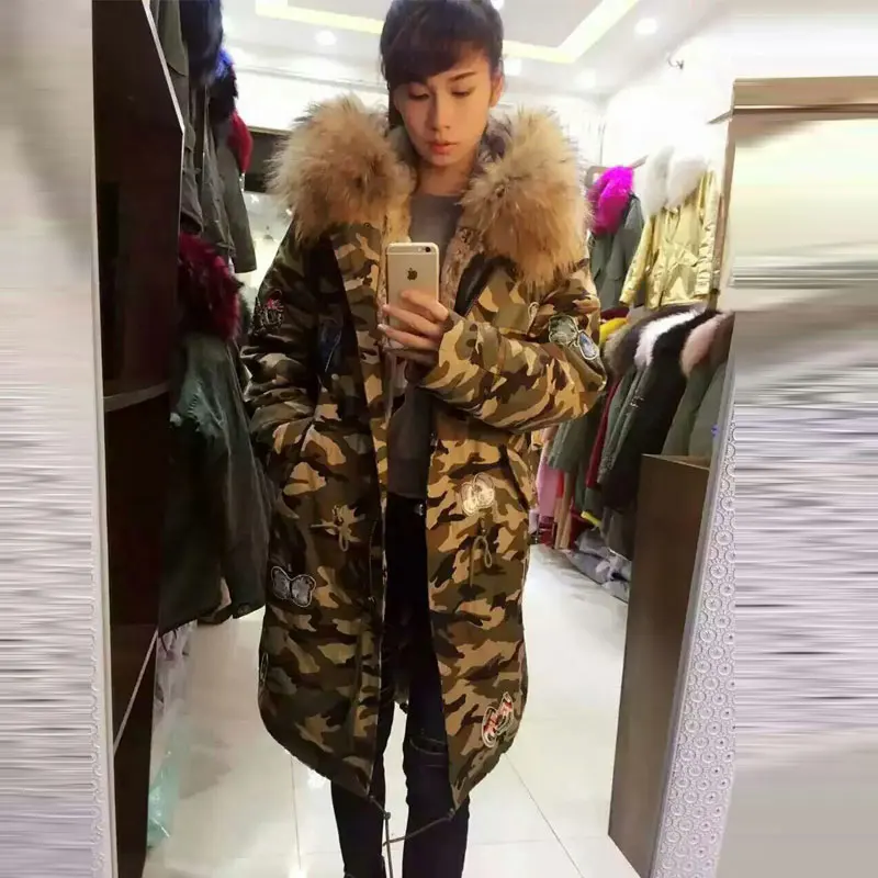 Nieuwe Warming Vrouwen Winter Parka Camouflage shell Thicken Natuurlijke Abrikoos bont wasbeer bontkraag bont parka Nieuwe Warming Vrouwen Winter Parka Camouflage shell Thicken Natuurlijke Abrikoos bont wasbeer bontkraag bont parka