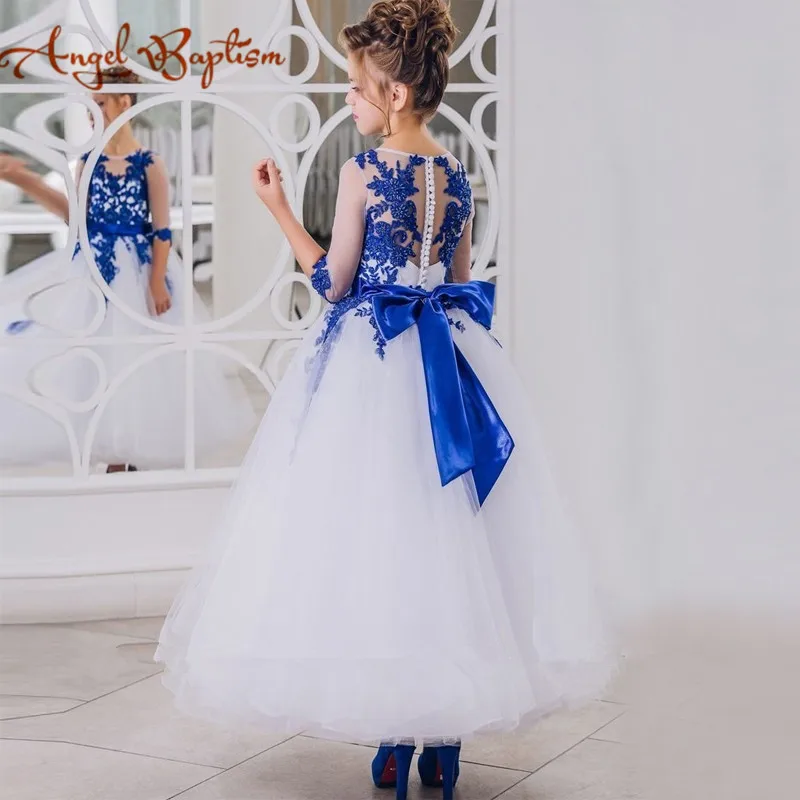 

Royal blue ankle length sheer lace beaded flower girl dress A-line kids graduation evening gown with sleeves sash for communion