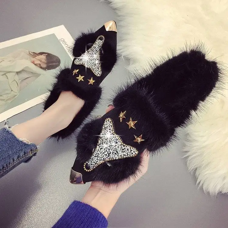 Sycatree Fox Head Style Women Casual Snow cotton Shoes Ladies Fur Shoes Moccasins Crystal Rivet Winter Warm Flat Driving Loafers