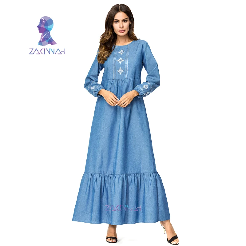 

Muslim Robe Long Denim Dress Dubai Abayas For Women Plus Size Clothes Embroidery Turkey Turkish Kaftan Islamic Blue Maxi Dresses