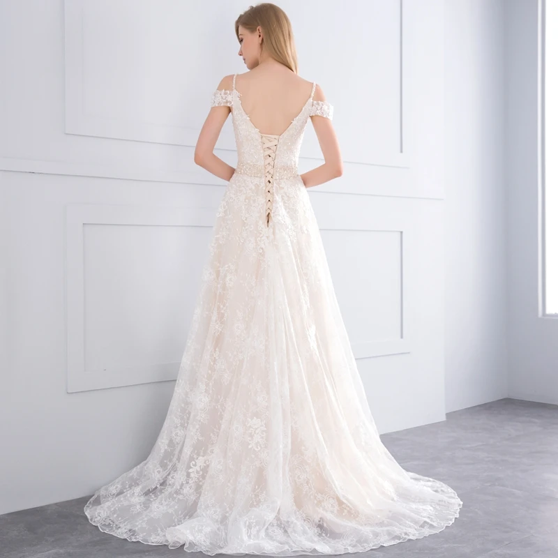 Appliques Lace Crystal A-line Court Train Champagne Wedding Dress