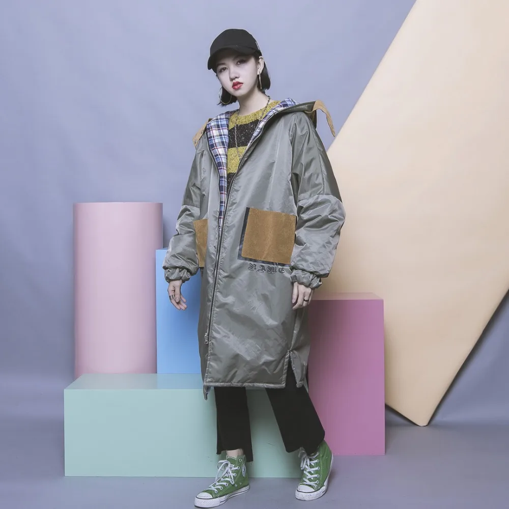 

Fashion street HARAJUKU patchwork color block check letter applique pocket placketing with a hood reversible wadded