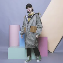 Уличной моды HARAJUKU лоскутное цвет блока проверить письмо аппликация карман placketing с капюшоном обратимым ватные