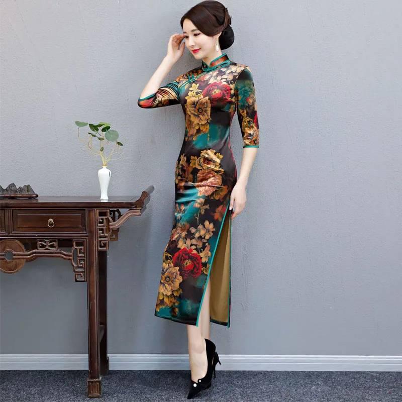 2019 Новое Осеннее бархатное атласное китайское традиционное платье Cheongsam с