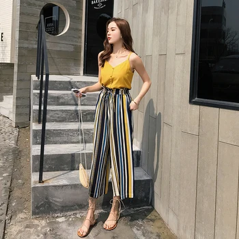 

Sleeveless Sling Tops Elastic Waist Striped Ankle-length Pants Casual 2 Piece Set Women Fashion Women Sets Clothes Brief