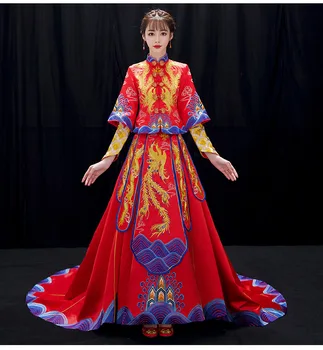 

Royal Women Trailing Marriage Suit Chinese Vintage Embroidery Phoenix Cheongsam Vestidos Elegant Bride Wedding Party Dress Gown