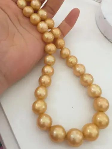 

huge 12-14mm freshwater round gold pearl necklace 18inch 14k yellow gold