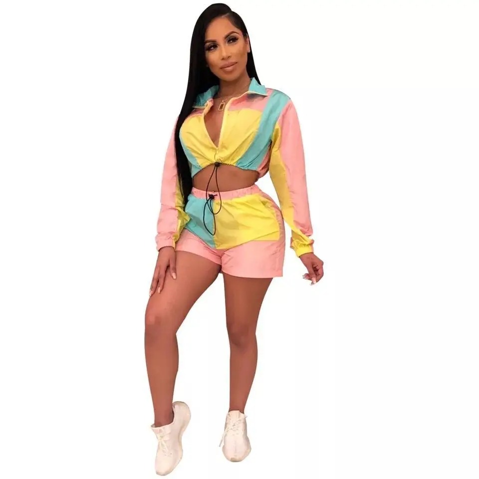 

Casual Fluorescent Color Block Patchwork Tracksuit Elegant Long Sleeve Crop Top With Shorts Set Sexy Night Club Two Piece Set