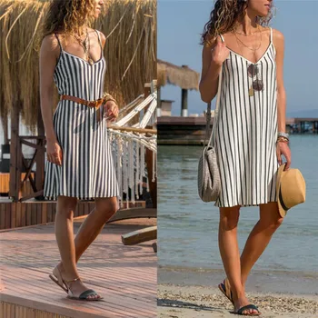 

Women Sleeveless Stripe V Neck Dresses Strappy Summer Slip Short Loose Beach Style Loose Dress Sundress