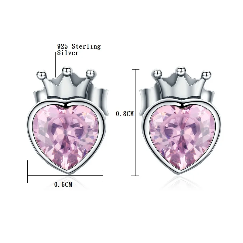 

LJ&OMR New Arrival Wholesale Fashion silver Jewelry 925 Sterling Silver Stud Earrings Pink Heart Crown Women Earrings Accessory