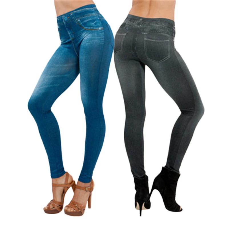 

Leggings Fake Jeans With Two Real Pockets Plus Size Sexy Push Up Women Denim Pencil Pants Slim Fitness Stretch Pants