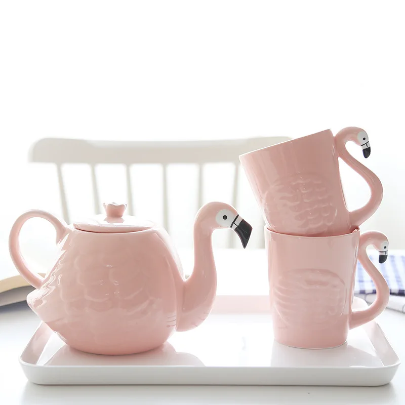Pink Flamingo Teapot Set Creative Cartoon Ceramic Cup Two Cups One Pot