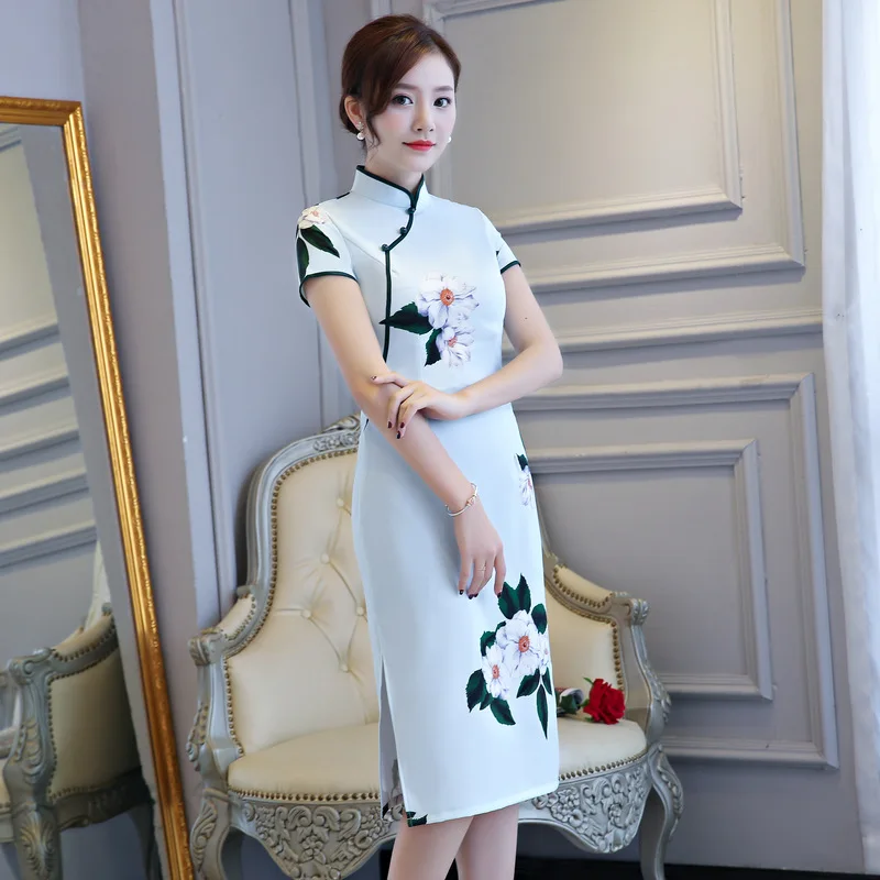 Chino tradicional señora cheongsam Satén de seda mujeres verano vestido de baile vestido - 2