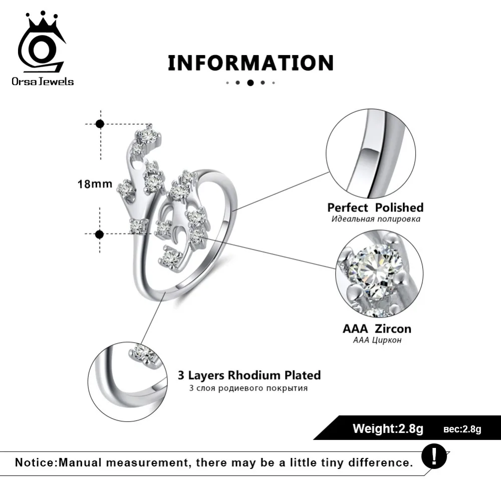 ORSA JEWELS Rings For Women Adjustable Antlers With AAA Cubic Zircon Ring Fashion Girls Gifts Christmas Party Jewelry OR167
