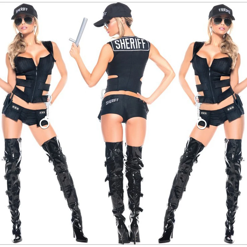 

3 Pieces Sexy Women's Black Cop Costumes Halloween Game Stage Bar Police Secret Service Costume Cosplay