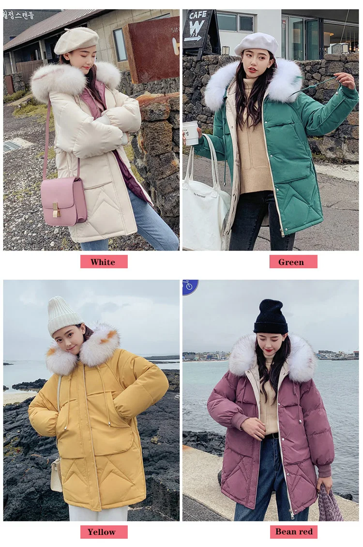 Candy colors winter coat women fashion large fur collar hooded thick warm jacket women Medium long parka outwear plus size