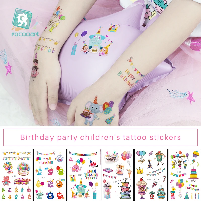 

Rocooart Birthday Party Tattoo Sticker Ballon Cake Doll Temporary Tattoos Children Funny Fake Tatto Hand Face Tatuajes Kids Taty