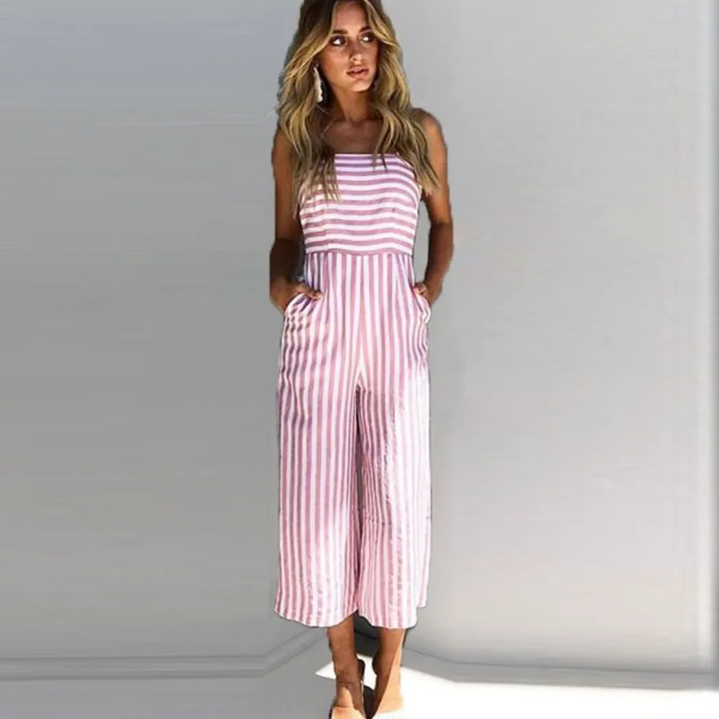Casual Striped Off Shoulder Jumpsuits For Women Vintage Spaghetti Strap ...