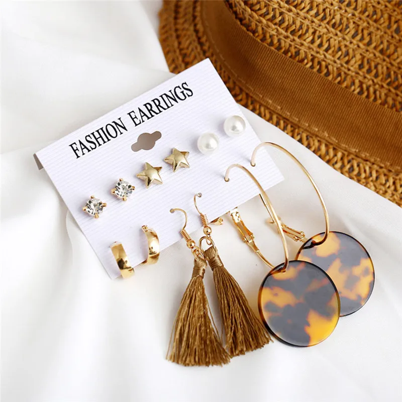 

TTLIFE Fashion Gold Color Star Stud Earrings Pearl Acrylic Leopard Women's Jewelry Tassel Mixed Suit 6 pairs /set Earrings Set