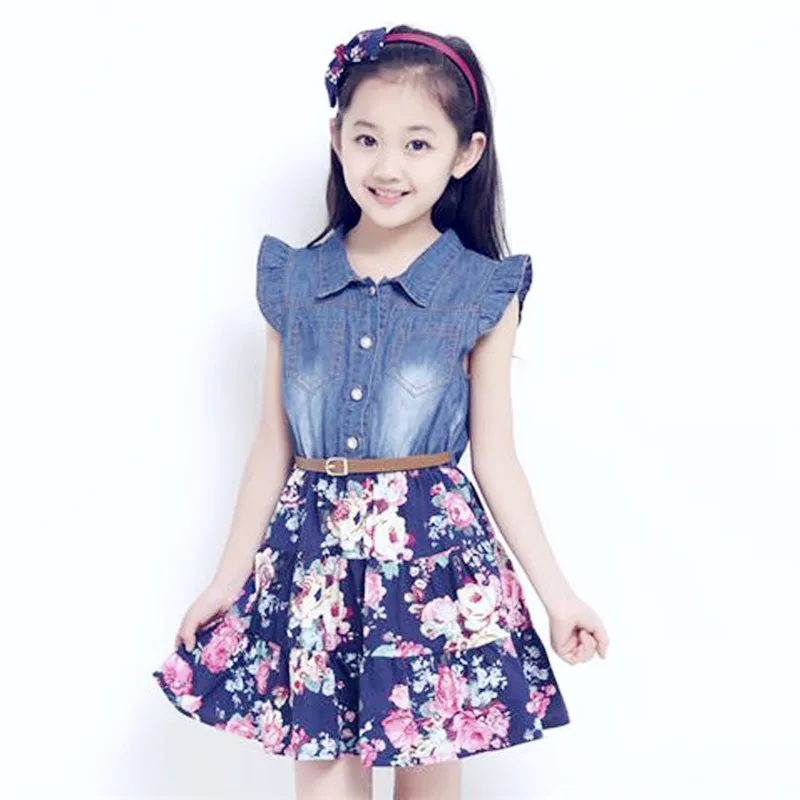 

Gulugulumi 2018 Brand Summer Girls Print Flower Cowboy Dress Child Beautiful Sleeveless Princess School Dress Kid Clothes