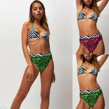 

Summer Women's Leopard Printed Two Piece Padded V-Neck Swim suit Swimwear Leopard Stitching Split Swim Suit Women Fashion Sets