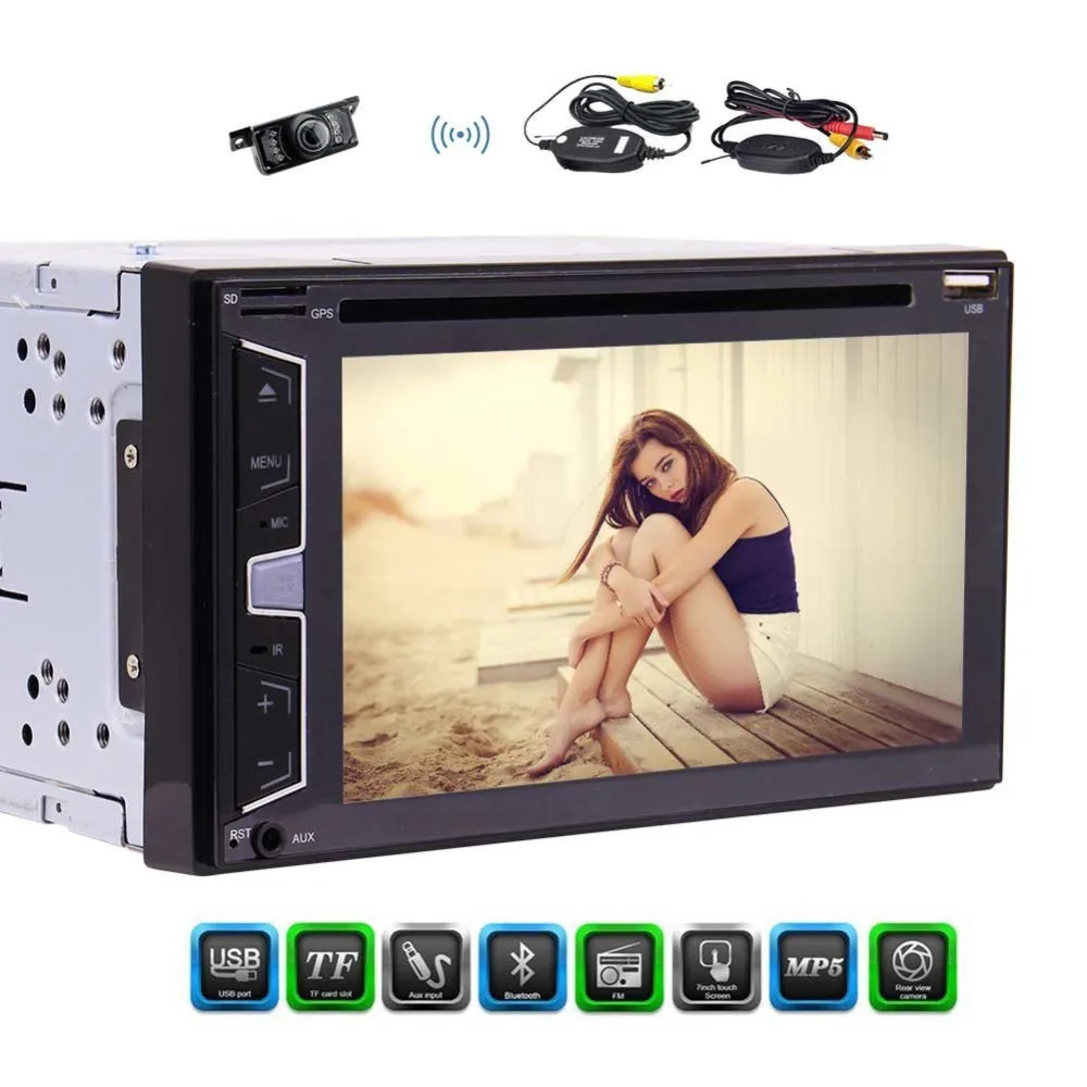 

Wireless Rear Camera+6.2" Double Din Autoradio Car DVD CD Payer 3 Preset UI Bluetooth SWC FM/AM RDS Radio 1080P AUX Subwoofer
