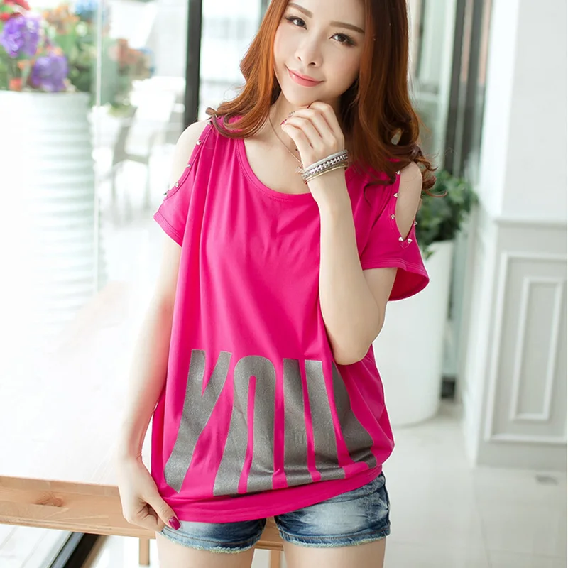 

Tee Shirts Women Rivet Off Shoulder Short Sleeve Tshirt 2019 Summer Cotton Letter Printing O Neck Femme Loose M-2XL Clothes Tops