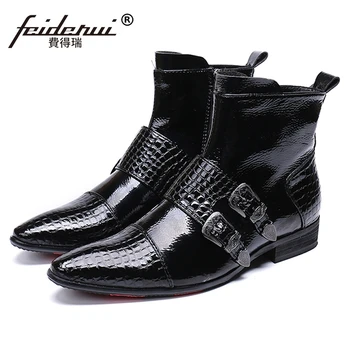 

Italian Designer Alligator Man Monk Footwear Pointed Toe Punk Rocker Shoes Patent Leather Men's Riding Ankle Boots SL414