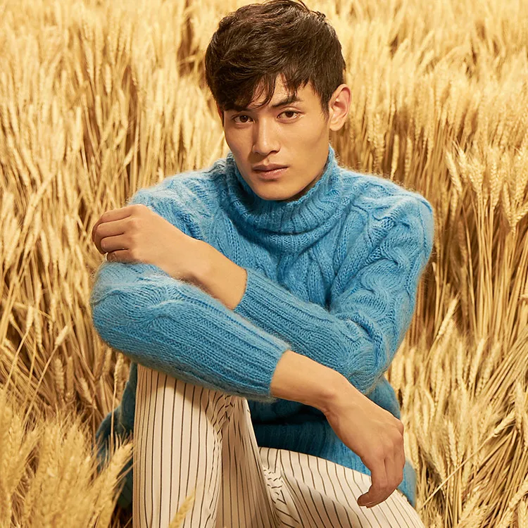  100%hand made wool blend turtleneck knit men twisted solid pullover sweater one&over size
