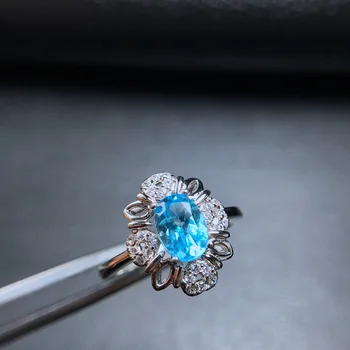 

[MeiBaPJ]1 Carats 925 Sterling Silver Inlaid With Natural Switzerland Blue Topaz Stone Open Ring for Women