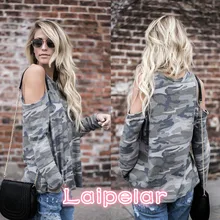 Camouflage T Shirt Women Long Sleeve Cold Shoulder Tops 2018 Autumn Loose Tees Sexy Ladies Round Neck Cut Out T-shirt Laipelar white cut out cold shoulder 3 4 length sleeves t shirt
